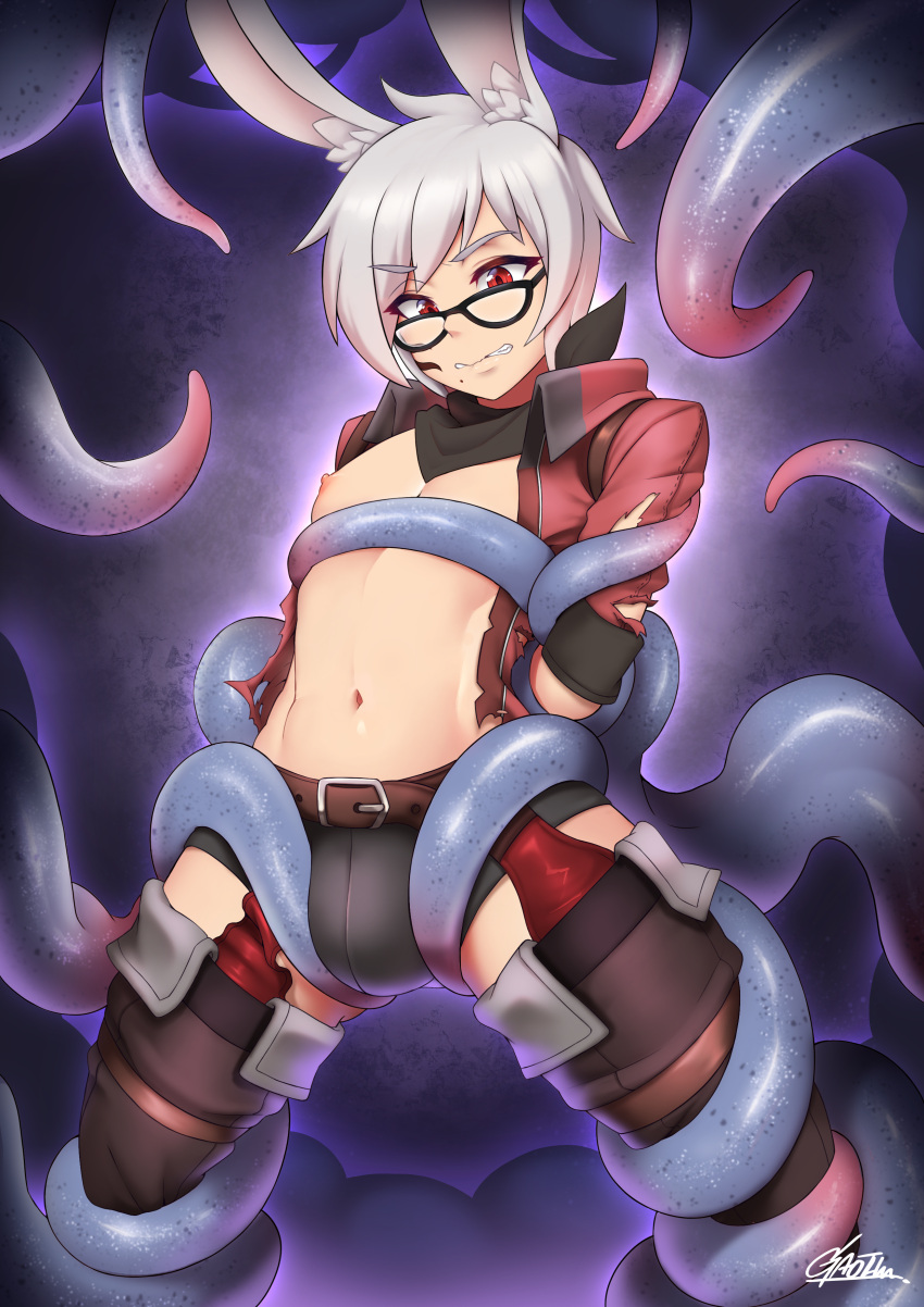 absurd_res animal_humanoid areola biped bulge clothed clothing eyebrows eyewear gaothunnfsw glasses hair hi_res humanoid inner_ear_fluff lagomorph lagomorph_humanoid leporid_humanoid male mammal mammal_humanoid navel nipples rabbit_humanoid red_eyes restrained solo taiyo_akari tentacles tuft