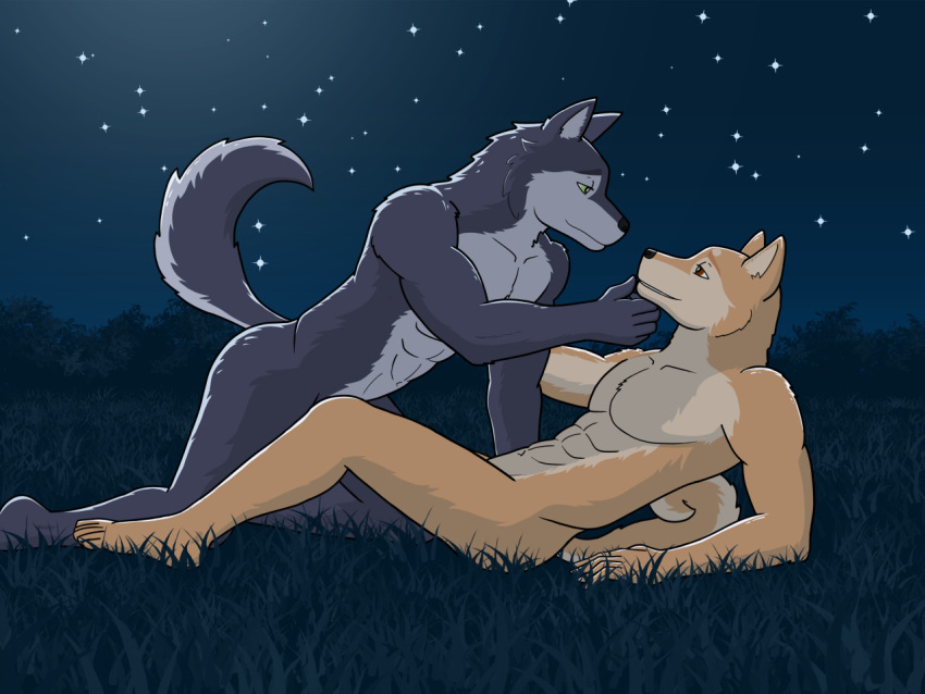 abs anthro artsywoodpecker barefoot canid canine canis casual_nudity detailed_background domestic_dog duo feet grass humanoid_feet humanoid_hands husky looking_at_another lying lying_on_ground male mammal meadow muscular muscular_anthro muscular_male nature night nordic_sled_dog nude outside pecs plant plantigrade romantic romantic_couple shoichi_urata sky spitz star tennis_ace yuuichi_michimiya