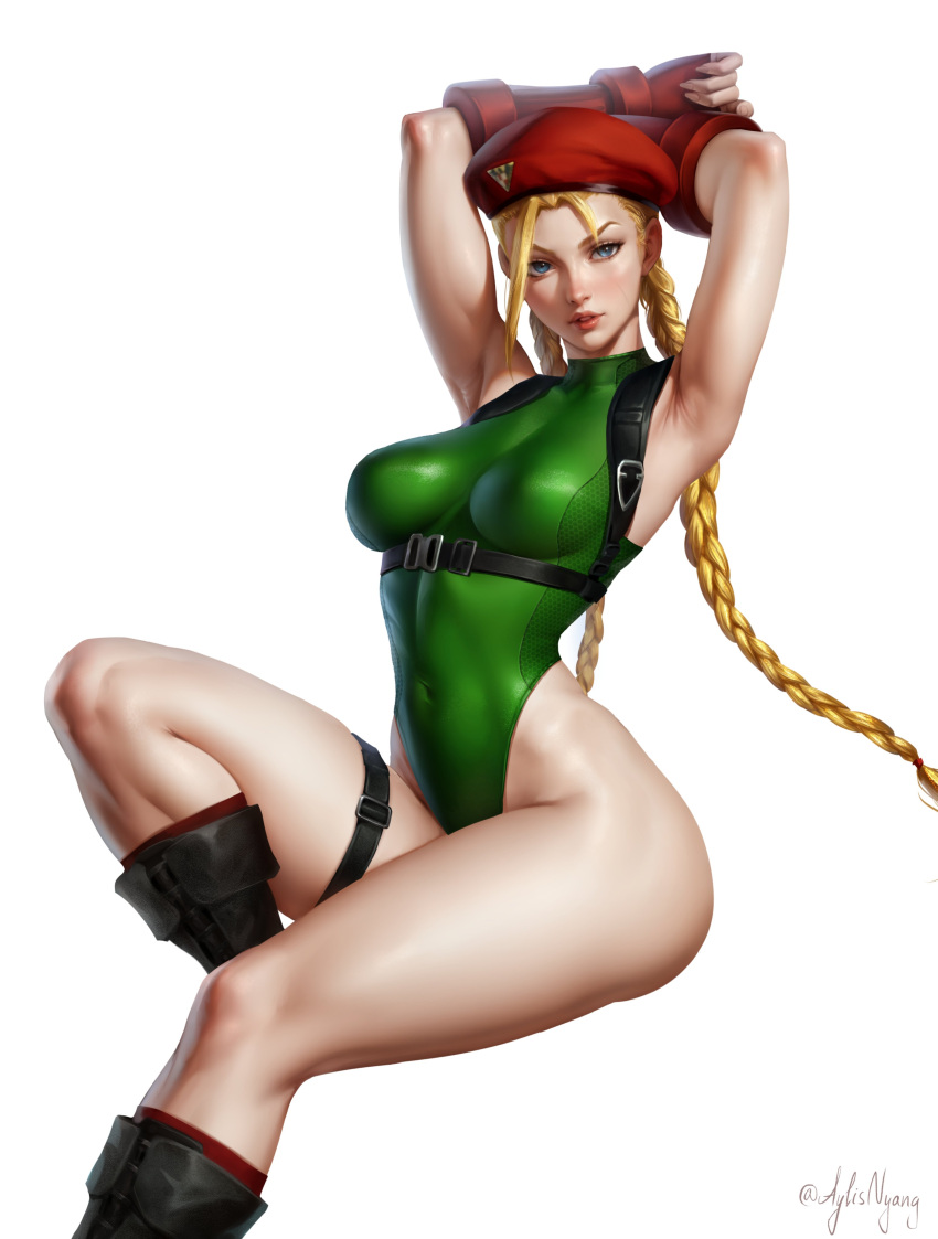 1girl absurdres ahoge armpits arms_behind_head arms_up artist_name aylisnyan beret blonde_hair blue_eyes boots braid breasts cammy_white commentary covered_navel fingerless_gloves gloves green_leotard hat highleg highleg_leotard highres knee_boots leotard lips looking_at_viewer medium_breasts parted_lips scar scar_on_cheek scar_on_face signature simple_background skin_tight sleeveless street_fighter street_fighter_v thigh_strap thighs turtleneck twin_braids twintails white_background