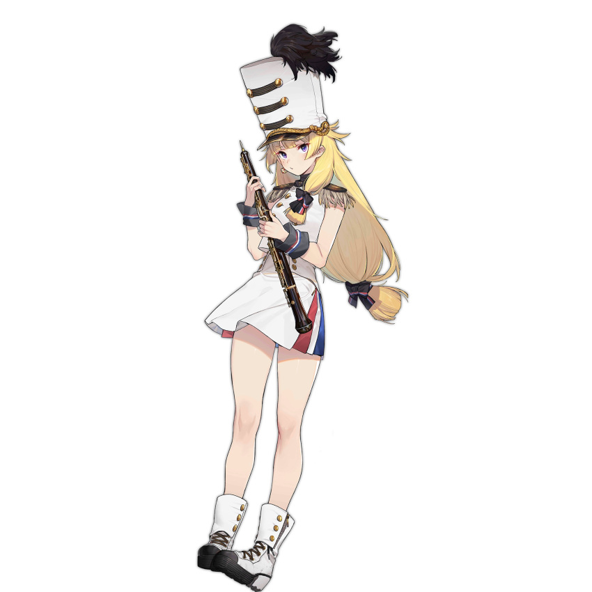 1girl black_ribbon black_wristband blonde_hair blue_stripes blunt_bangs boots closed_mouth dress epaulettes full_body gebijiade_89 girls'_frontline hair_over_shoulder hair_ribbon hat hat_feather highres holding holding_instrument instrument long_hair looking_at_viewer low-tied_long_hair marching_band mole mole_under_eye no_socks oboe official_alternate_costume official_art pout purple_eyes red_stripes ribbon shako_cap shirt simple_background sleeveless sleeveless_shirt solo standing transparent_background very_long_hair vhs_(girls'_frontline) vhs_(swan_lake_scherzo)_(girls'_frontline) white_dress white_footwear white_headwear white_shirt white_stripes