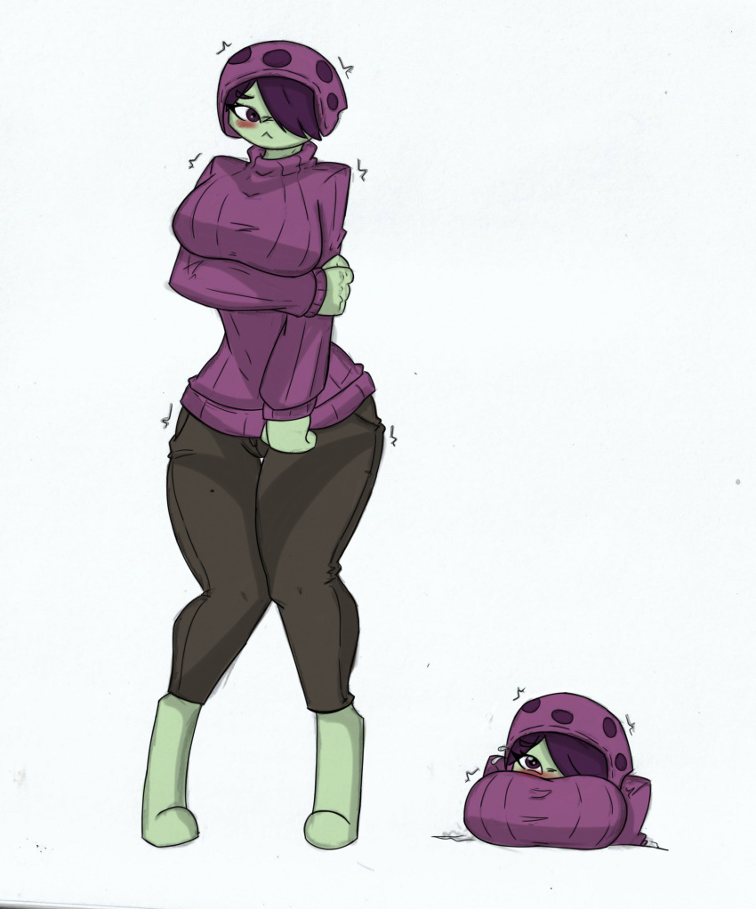 anthro big_breasts blush breasts clothing electronic_arts female hi_res pace-maker plants_vs._zombies popcap_games scaredy-shroom small_waist solo sweater taller_female thick_thighs topwear wide_hips