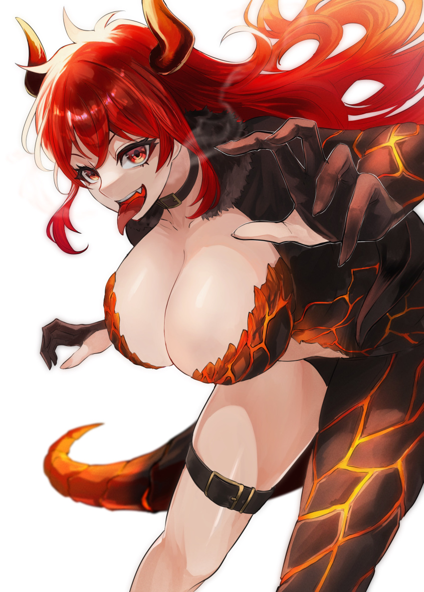 1girl absurdres black_collar black_gloves breasts cleavage collar collarbone dola_(nijisanji) dragon_girl dragon_horns dragon_tail fang fur_trim gloves hair_between_eyes hands_up hanging_breasts highres horns huge_breasts leaning_forward long_hair looking_at_viewer molten_rock nekotokage nijisanji open_mouth partially_fingerless_gloves red_eyes red_hair simple_background single_bare_leg smile solo tail thigh_strap tongue very_long_hair virtual_youtuber