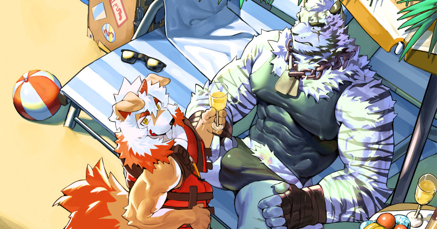 2boys absurdres alternate_costume animal_ears arknights banana bandaged_hand bandages bara beach beard black_male_swimwear black_tank_top blue_eyes brown_fur bulge bulge_to_ass chain_necklace covered_nipples cropped cup dog_boy dog_ears drinking_glass facial_hair fang feet_out_of_frame food from_above frown fruit furry furry_male furry_with_furry goatee highres horns hung_(arknights) jewelry large_bulge large_hands large_pectorals large_tail lifeguard looking_at_viewer male_focus male_swimwear medium_hair midriff_peek mountain_(arknights) multicolored_hair multiple_boys muscular muscular_male mustache_stubble necklace ocean orange_eyes orange_hair outdoors paid_reward_available pectorals sand scar scar_across_eye scar_on_arm shirt short_hair single_horn streaked_hair sunlight swim_briefs tail tank_top taut_clothes taut_shirt thick_eyebrows thick_thighs thighs tiger_boy tiger_ears tiger_tail two-tone_fur umbrella uza_(hellme) veins veiny_arms water white_fur white_hair wine_glass yaoi