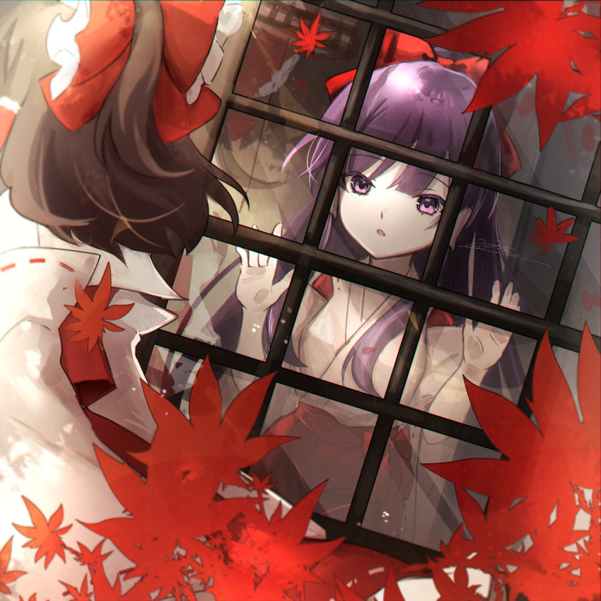 2girls against_window autumn autumn_leaves bow brown_hair dual_persona hair_bow hakama hakurei_reimu hakurei_reimu_(pc-98) highres japanese_clothes leaf long_hair long_sleeves maple_leaf miko multiple_girls open_mouth purple_eyes purple_hair red_bow red_hakama rokuya_(68_zusao) sidelocks signature touhou touhou_(pc-98) wide_sleeves window