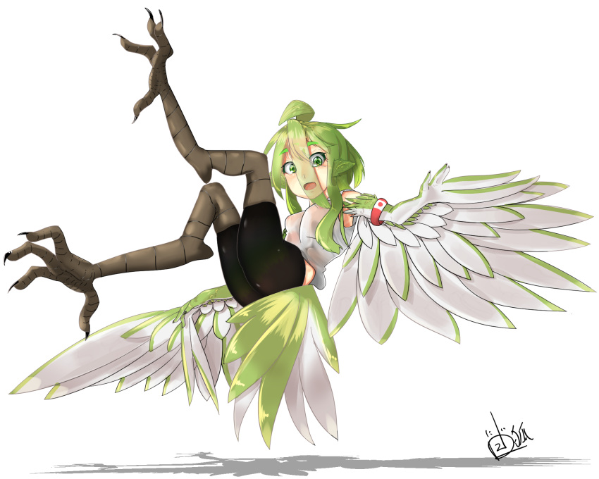 1girl ahoge animal_ears armlet bird_ears bird_legs bird_tail black_shorts breasts commentary_request feathered_wings feathers green_eyes green_feathers green_hair green_wings hair_between_eyes harpy highres long_bangs long_hair monster_girl nixifox215 open_mouth original shirt shorts simple_background small_breasts solo tail tail_feathers talons two-tone_wings white_background white_feathers white_shirt white_wings winged_arms wings