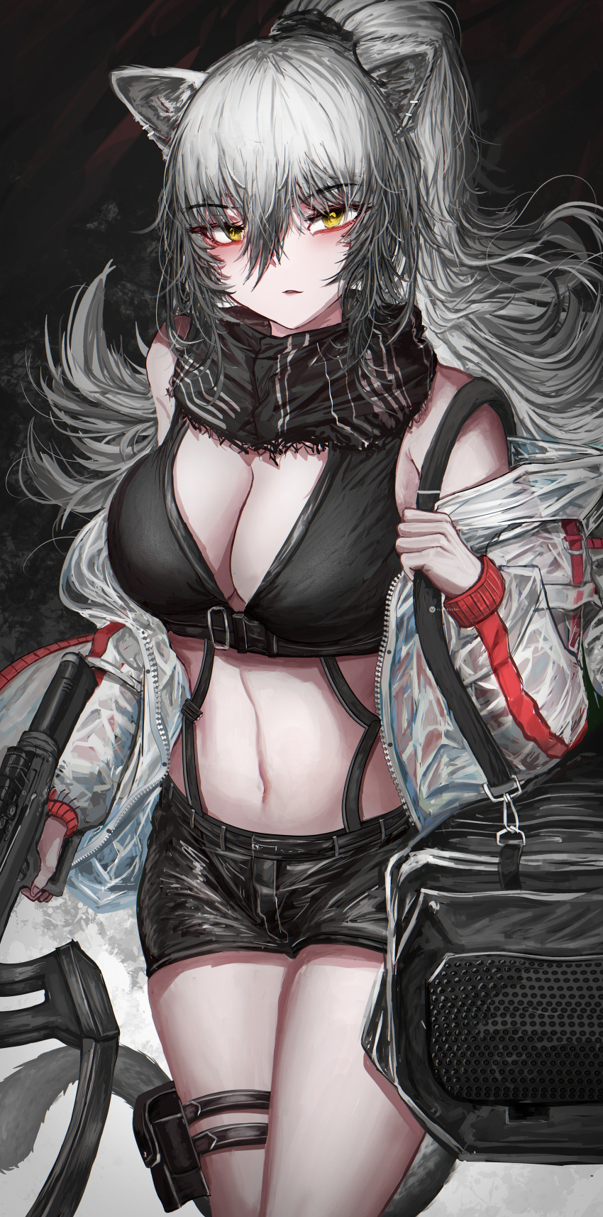 1girl absurdres animal_ears arknights bare_shoulders black_background black_scarf black_shorts breasts cat_ears cat_tail cleavage commentary_request cowboy_shot crop_top grey_hair hair_between_eyes highres large_breasts long_hair long_sleeves looking_at_viewer midriff navel scarf schwarz_(arknights) short_shorts shorts solo stomach tail thigh_strap thighs very_long_hair vloodozer yellow_eyes