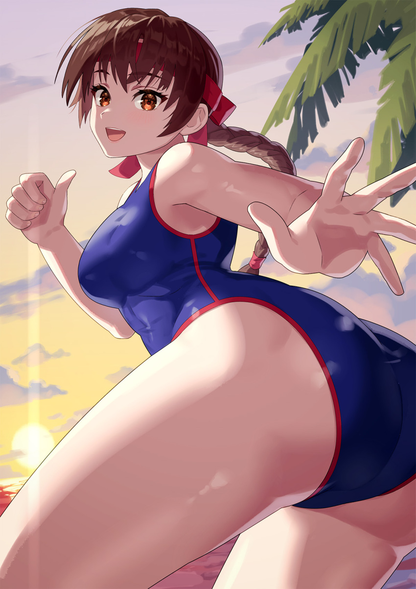 1girl alternate_costume ass blue_one-piece_swimsuit braid braided_ponytail breasts brown_eyes brown_hair from_behind headband highres looking_at_viewer low_ponytail medium_breasts one-piece_swimsuit open_mouth palm_tree ponytail red_headband smile snk solo sunset swimsuit the_king_of_fighters thumbs_up tree yagi2013 yuri_sakazaki