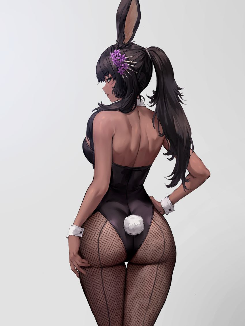 1girl absurdres animal_ears ass bare_arms bare_shoulders black_leotard black_pantyhose chihunhentai cowboy_shot dark_skin final_fantasy final_fantasy_xiv fishnet_pantyhose fishnets from_behind glance grey_background hair_ornament hand_on_own_hip highres leotard long_hair looking_at_viewer pantyhose parted_lips playboy_bunny ponytail rabbit_ears rabbit_tail simple_background solo tail thighs viera warrior_of_light_(ff14) wrist_cuffs