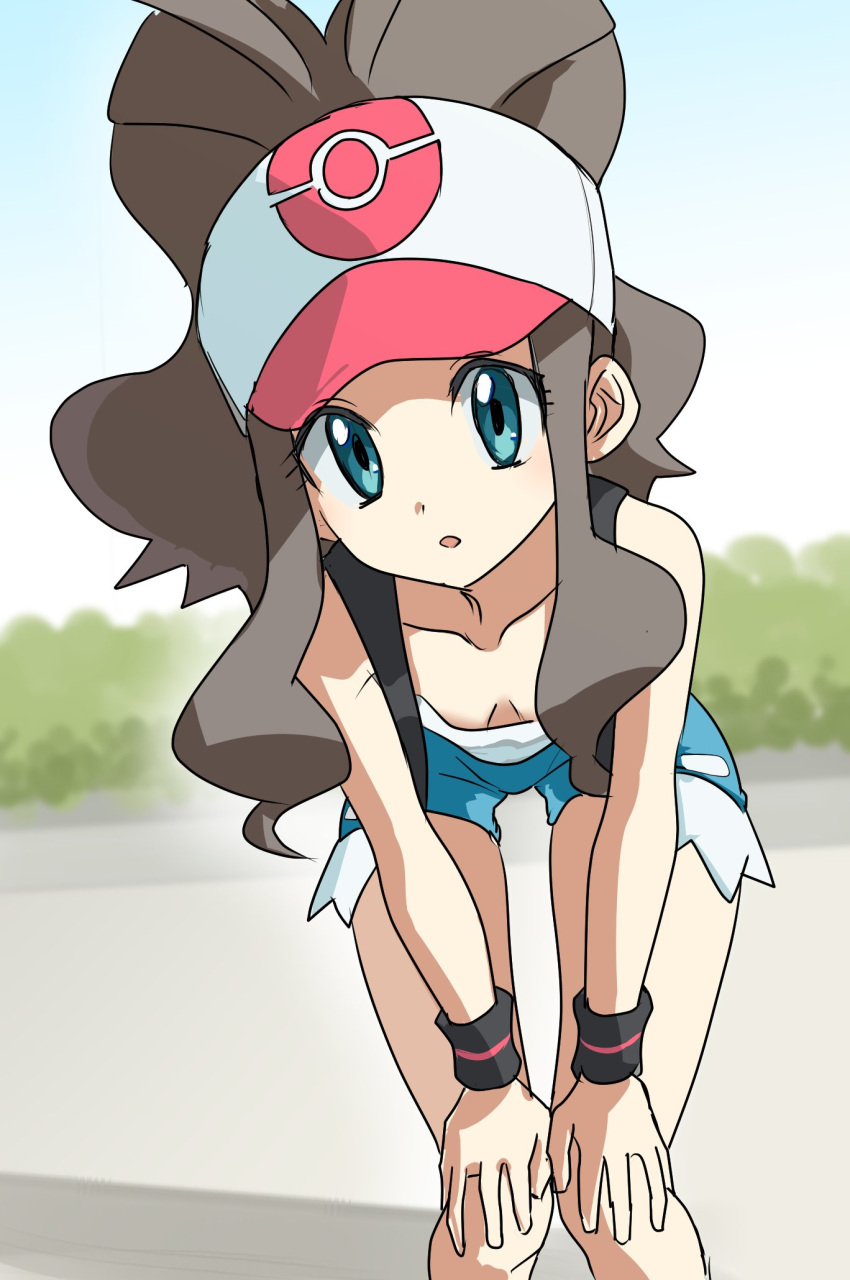 1girl asamaru1225 baseball_cap bent_over black_vest black_wristband breasts brown_hair cleavage collarbone commentary_request day downblouse exposed_pocket eyelashes green_eyes hat high_ponytail highres hilda_(pokemon) long_hair looking_at_viewer outdoors parted_lips pokemon pokemon_(game) pokemon_bw shirt short_shorts shorts sidelocks sleeveless sleeveless_shirt solo vest white_shirt wristband