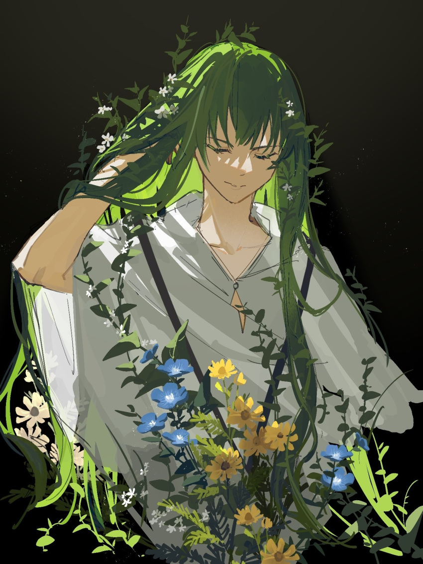 1other androgynous black_background blue_flower closed_eyes closed_mouth collarbone enkidu_(fate) fate/grand_order fate/strange_fake fate_(series) flower green_hair hand_in_own_hair hand_up highres long_hair robe simple_background smile solo upper_body very_long_hair white_flower white_robe yanfenguo_gao yellow_flower