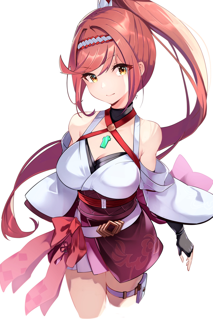 absurdres bare_shoulders breasts brown_eyes chest_jewel cleavage core_crystal_(xenoblade) detached_collar detached_sleeves fingerless_gloves gem glimmer_(xenoblade) gloves hair_ornament high_ponytail highres japanese_clothes kimono large_breasts obi ponytail red_hair risumi_(taka-fallcherryblossom) sash sidelocks simple_background small_breasts smile solo swept_bangs thigh_strap tiara white_kimono wide_sleeves xenoblade_chronicles_(series) xenoblade_chronicles_3 xenoblade_chronicles_3:_future_redeemed