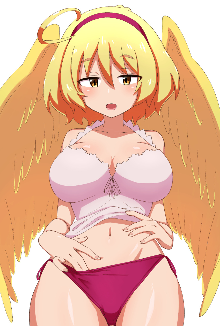 5_fingers ahoge blonde_hair breasts cleavage clothed clothing collarbone eldri_(interspecies_reviewers) eyebrows feathered_wings feathers female fingernails fingers front_view hair hi_res humanoid interspecies_reviewers misokanaru nails navel pink_tongue solo tongue winged_humanoid wings yellow_body yellow_feathers yellow_wings
