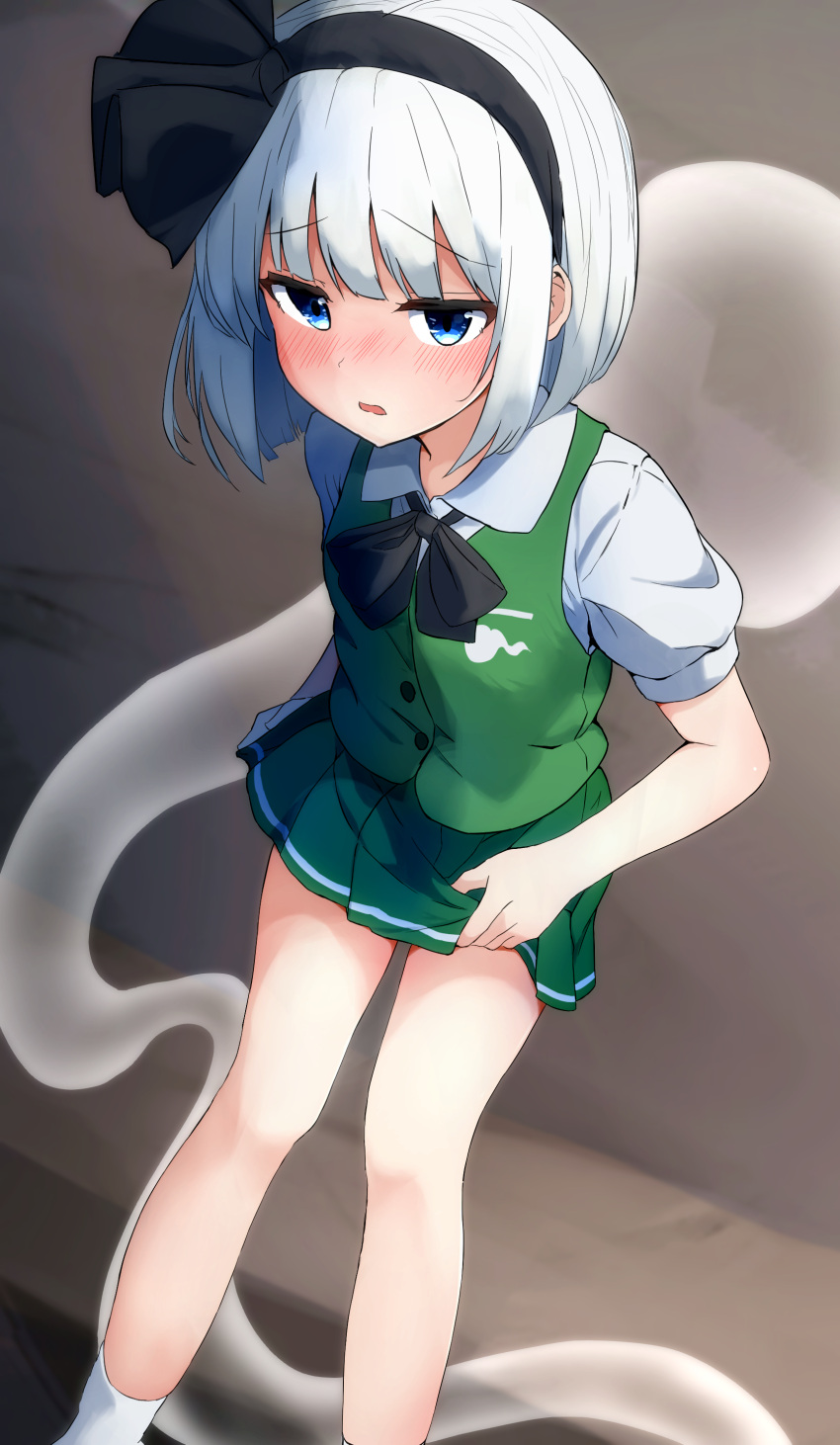 1girl absurdres black_bow black_bowtie black_hairband blue_eyes bob_cut bow bowtie buttons clothes_lift collared_shirt commentary_request feet_out_of_frame green_skirt green_vest hairband highres hitodama hitodama_print konpaku_youmu konpaku_youmu_(ghost) miniskirt partial_commentary pleated_skirt puffy_short_sleeves puffy_sleeves refuson_man shirt short_hair short_sleeves skirt skirt_lift skirt_set socks solo standing touhou vest white_hair white_shirt white_socks