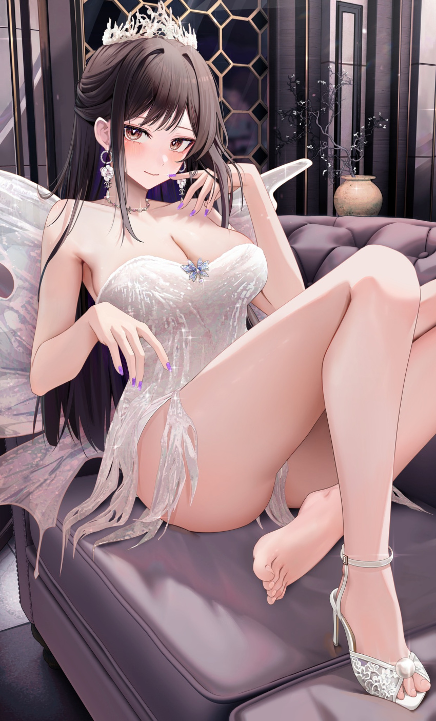 1girl bare_arms bare_shoulders barefoot black_hair breasts chinese_commentary choker cleavage closed_mouth commission couch crown dress earrings feet fingernails haneame high_heels highres indoors jewelry knees_up large_breasts legs light_smile long_hair looking_at_viewer nail_polish purple_nails real_life ru_zhai shoes single_shoe sitting solo strapless strapless_dress strappy_heels thighs toenails toes very_long_hair white_dress white_footwear