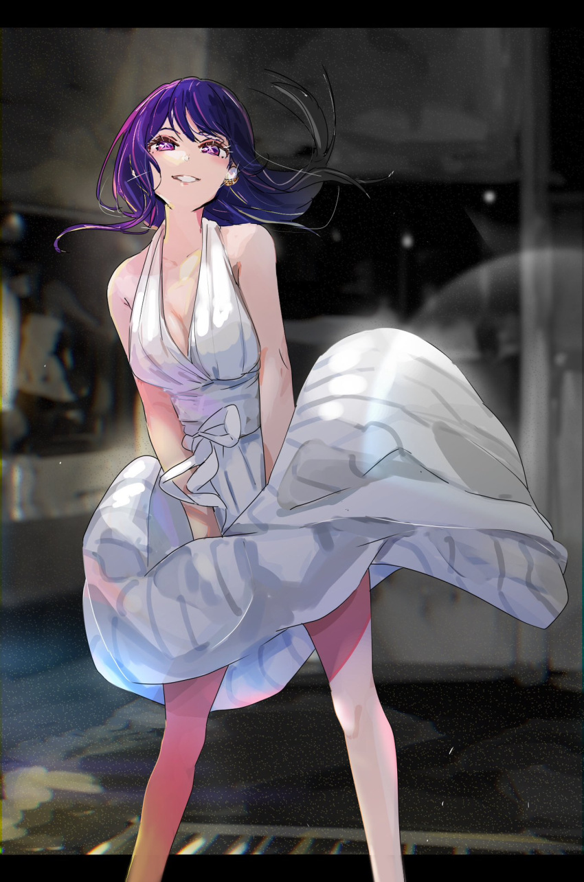 1girl bare_arms bare_shoulders breasts cleavage collarbone commentary cosplay dress earrings feet_out_of_frame funi_mu9 glint grin halter_dress halterneck highres hoshino_ai_(oshi_no_ko) jewelry large_breasts long_hair looking_at_viewer marilyn_monroe marilyn_monroe_(cosplay) oshi_no_ko outside_border purple_eyes purple_hair smile solo standing star-shaped_pupils star_(symbol) sundress symbol-shaped_pupils white_dress wind wind_lift