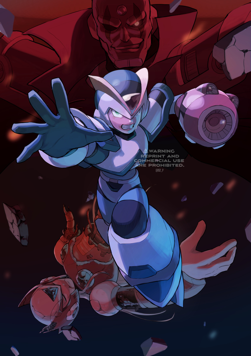 3boys absurdres android angry arm_cannon bald cape chin clenched_teeth commentary_request crying english_text evil_smile facepaint first_armor_x_(mega_man) green_eyes highres injury male_focus mega_man_(series) mega_man_x1 mega_man_x_(series) multiple_boys severed_arm severed_limb severed_torso sigma_(mega_man) smile tanaka_(is2_p) teeth weapon x_(mega_man) zero_(mega_man)