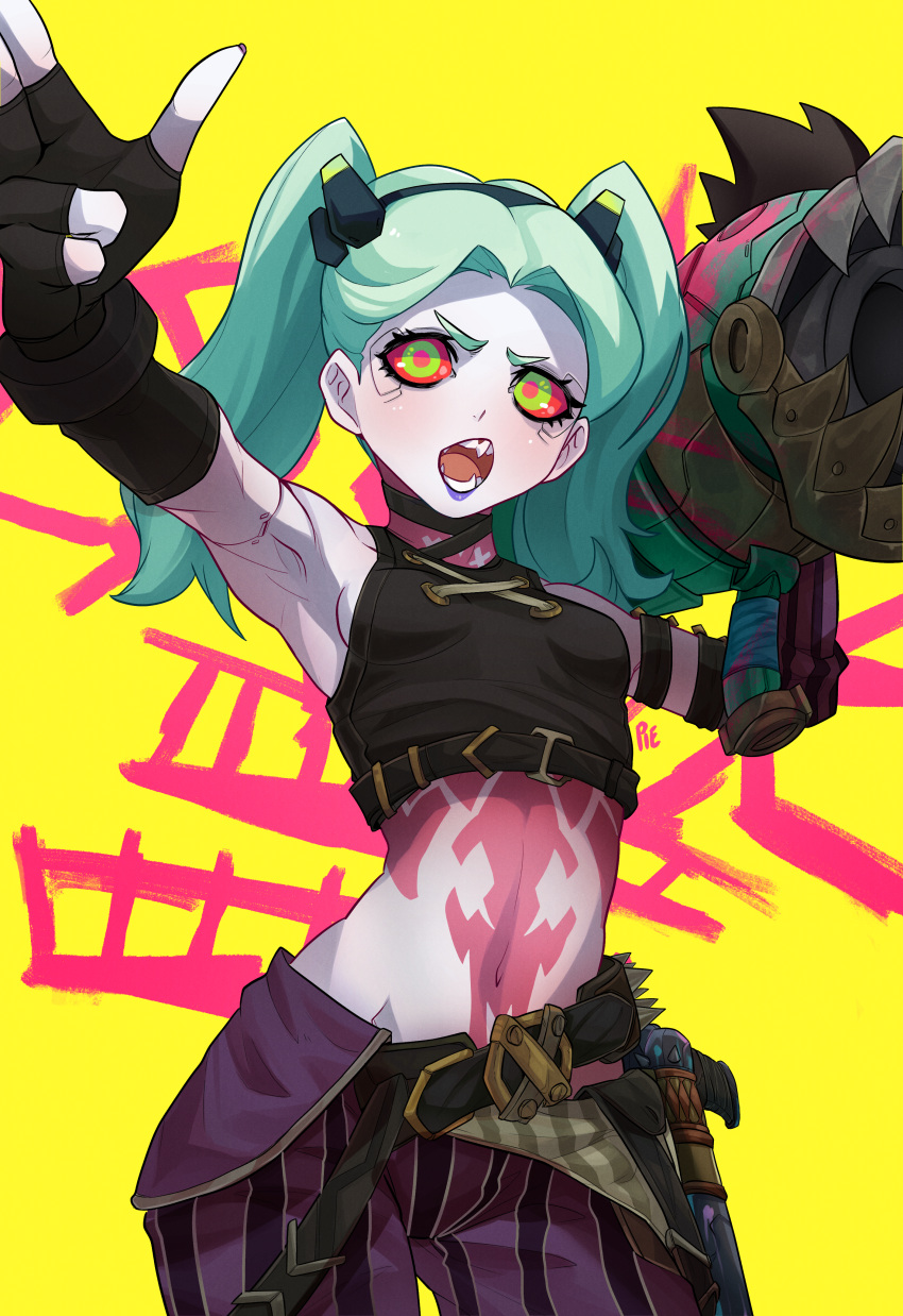 1girl absurdres belt black_gloves blue_hair breasts colored_sclera cosplay cowboy_shot cyberpunk_(series) cyberpunk_edgerunners english_commentary fingerless_gloves gloves green_eyes highres jinx_(league_of_legends) jinx_(league_of_legends)_(cosplay) league_of_legends looking_at_viewer midriff multicolored_eyes navel open_mouth pale_skin pants rebecca_(cyberpunk) red_eyes red_sclera rocket_launcher simple_background small_breasts solo standing stomach stomach_tattoo striped striped_pants tank_top tattoo teeth twintails unusualpie v-shaped_eyebrows weapon yellow_background