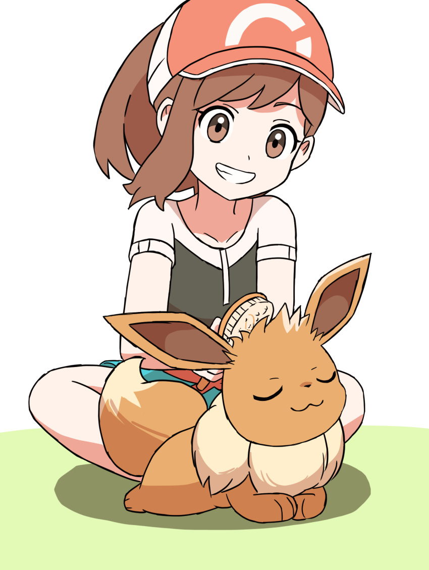 1girl brown_eyes brown_hair brushing_hair commentary_request eevee elaine_(pokemon) green_shorts grin hair_brush happy hat highres jira_(ziraiya26) looking_down pokemon pokemon_(creature) pokemon_(game) pokemon_lgpe ponytail shirt short_sleeves shorts single_sidelock sitting smile teeth white_background