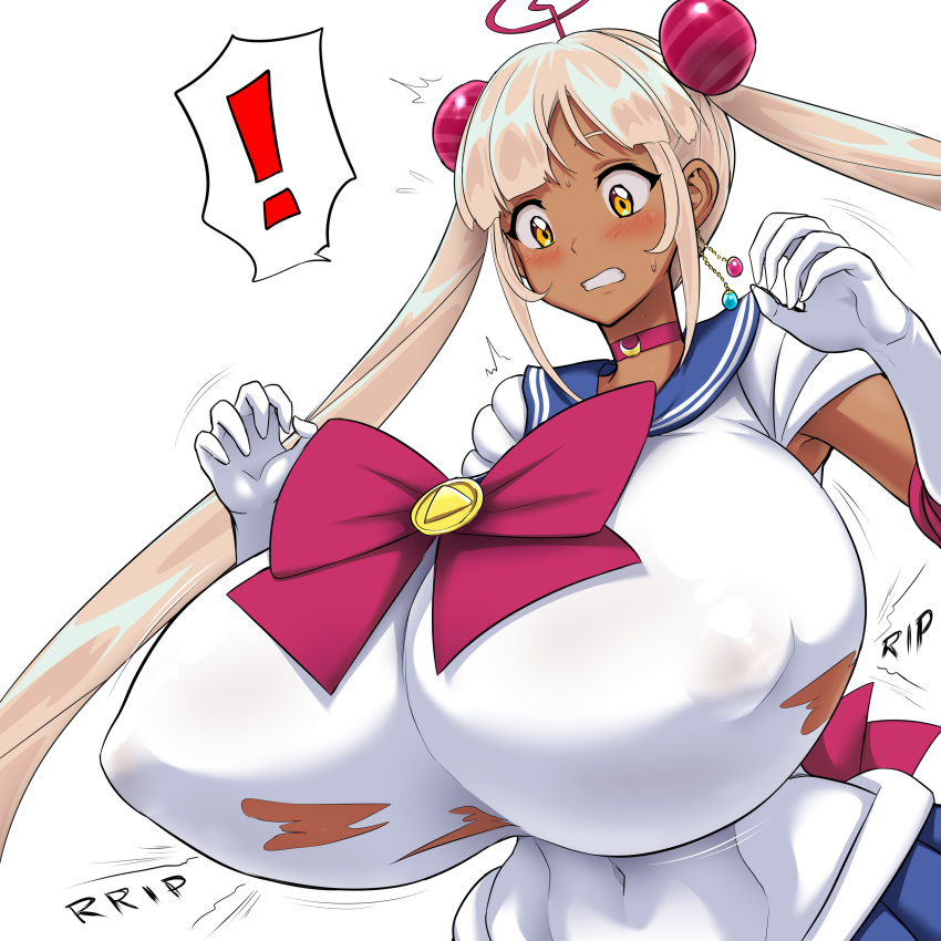 ! 1girl absurdres alternate_breast_size alternate_costume bishoujo_senshi_sailor_moon blonde_hair blue_skirt blush breasts bursting_breasts clenched_teeth cosplay covered_navel covered_nipples dark-skinned_female dark_skin dutch_angle elbow_gloves gloves hair_ornament highres hololive hololive_english huge_breasts impossible_clothes jadf light_brown_hair limiter_(tsukumo_sana) long_hair looking_down planet_hair_ornament pleated_skirt sailor_moon sailor_moon_(cosplay) short_sleeves sidelocks simple_background skin_tight skirt solo spoken_exclamation_mark tan teeth torn_clothes tsukumo_sana twintails upper_body very_long_hair virtual_youtuber wardrobe_malfunction white_background white_gloves yellow_eyes