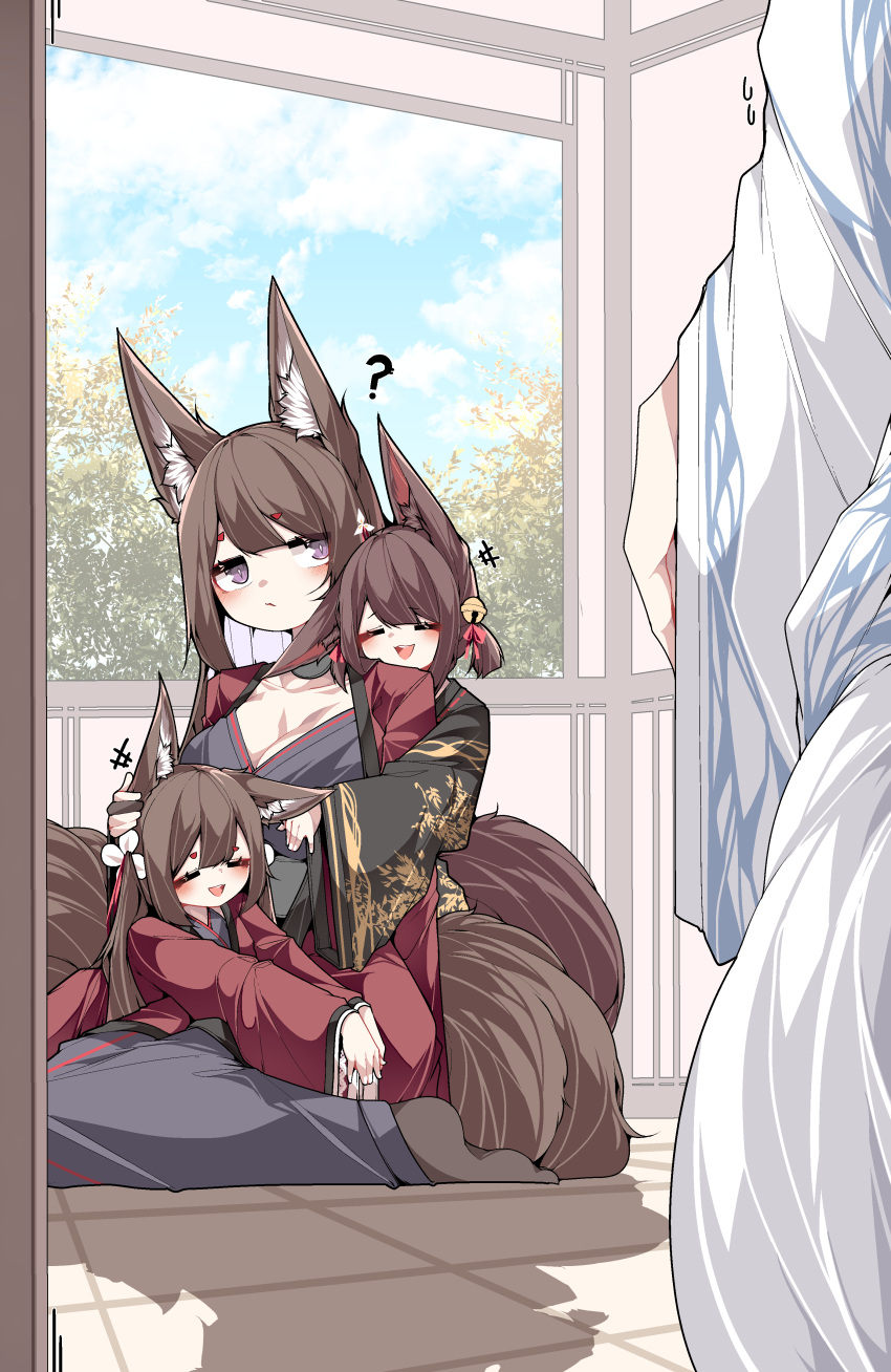 4girls ? absurdres age_difference aged_down akagi-chan_(azur_lane) amagi-chan_(azur_lane) amagi_(azur_lane) animal_ear_fluff animal_ears azur_lane bell black_kimono blue_sky blunt_bangs blush breasts brown_hair brown_tail cleavage cloud cloudy_sky commentary dated_commentary fox_ears fox_girl fox_tail hair_bell hair_ornament hand_on_another's_head highres hug hug_from_behind indoors japanese_clothes kaga_(azur_lane) kimono kitsune kyuubi large_breasts long_hair lying lying_on_lap multiple_girls multiple_tails on_floor on_stomach open_mouth out_of_frame print_kimono purple_eyes red_kimono samip sitting sky smile sound_effects sweatdrop tail tree twintails white_kimono white_tail wide_sleeves window