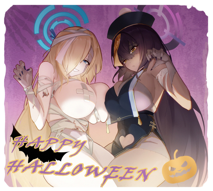 2girls asuna_(blue_archive) bandages black_hair black_headwear blue_archive blue_eyes blue_halo breasts clothing_cutout fingernails hair_between_eyes hair_over_one_eye halloween halloween_costume halo happy_halloween hat heart_cutout highres jiangshi_costume joker0744g karin_(blue_archive) large_breasts light_brown_hair long_hair multiple_girls mummy_costume nail_polish naked_bandage ofuda open_mouth patchwork_skin pelvic_curtain purple_halo purple_nails smile yellow_eyes