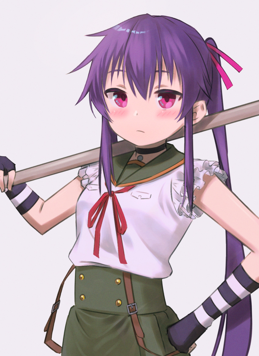 1girl bare_shoulders blush breasts closed_mouth commentary_request ebisuzawa_kurumi expressionless gakkou_gurashi! hand_on_own_hip highres holding holding_stick long_hair pink_eyes ponytail purple_hair shimizu_tomoki sidelocks small_breasts solo stick suspenders_hanging very_long_hair