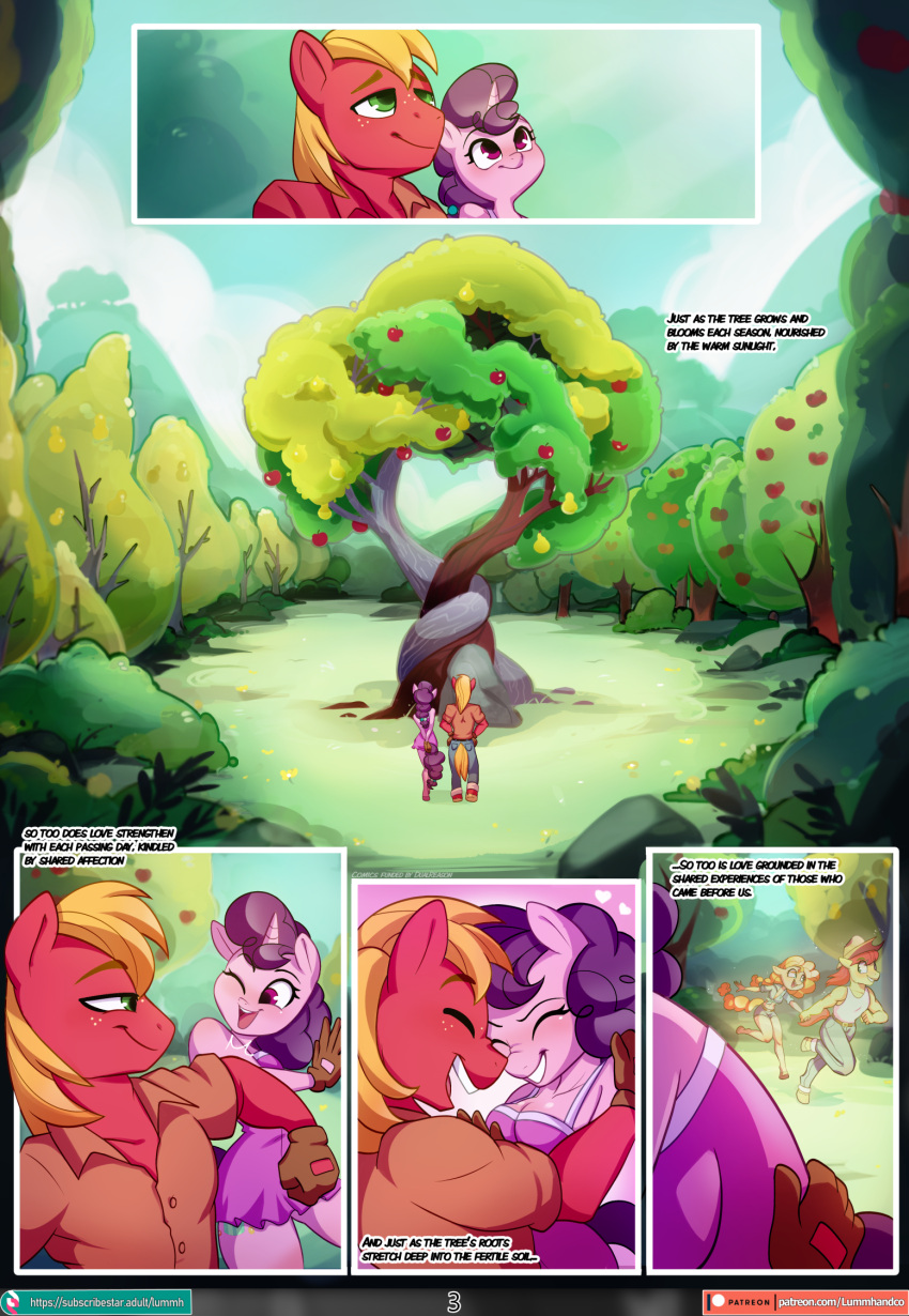 anthro apple apple_tree big_macintosh_(mlp) blonde_hair bright_mac_(mlp) chilllum clothed clothing comic earth_pony english_text equid equine eye_roll female food friendship_is_magic fruit fruit_tree gloves green_eyes group hair handwear hasbro hat headgear headwear hi_res horn horse male mammal my_little_pony orange_body pear pear_butter_(mlp) pink_body plant pony purple_eyes purple_hair red_body red_hair smile spirale sugar_belle_(mlp) text tomiku tree unicorn yellow_body