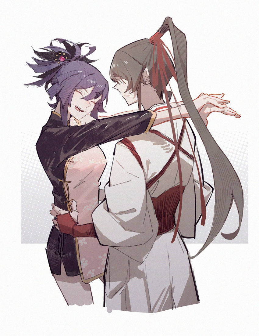 2girls arms_around_neck brown_hair closed_eyes die_(die0118) hair_between_eyes hair_bun hakama hakama_skirt hand_on_another's_waist high_ponytail highres japanese_clothes jigokuraku kimono long_hair multiple_girls ninja ponytail purple_hair red_ribbon ribbon samurai sidelocks simple_background single_hair_bun skirt smile standing teeth traditional_clothes white_kimono yamada_asaemon_sagiri yuri yuzuriha_(jigokuraku)