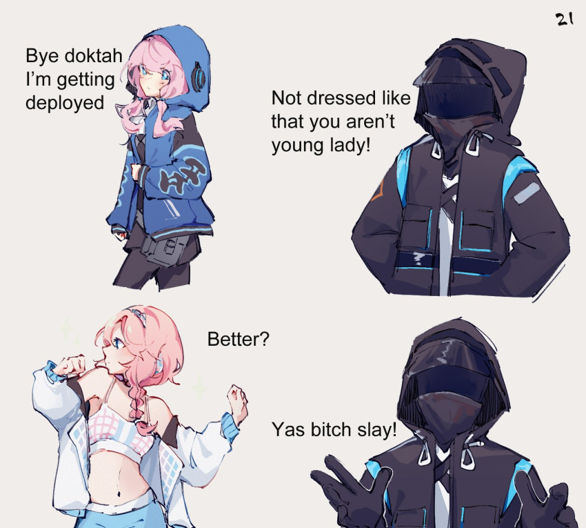 1girl 1other arknights bare_shoulders black_coat black_gloves black_pantyhose black_shorts blue_eyes blue_jacket blue_poison_(arknights) blue_poison_(shoal_beat)_(arknights) blue_shorts blush braid closed_mouth coat commentary cowboy_shot cropped_legs dailybloopy doctor_(arknights) english_commentary gloves grey_background hairband highres hood hood_up hooded_coat hooded_jacket jacket long_hair long_sleeves looking_at_viewer low_twin_braids low_twintails meme navel off_shoulder official_alternate_costume open_clothes open_coat open_jacket pantyhose pink_hair shorts simple_background spaghetti_strap sports_bra stomach twin_braids twintails white_hairband white_jacket white_sports_bra yas_bitch_slay_(meme)
