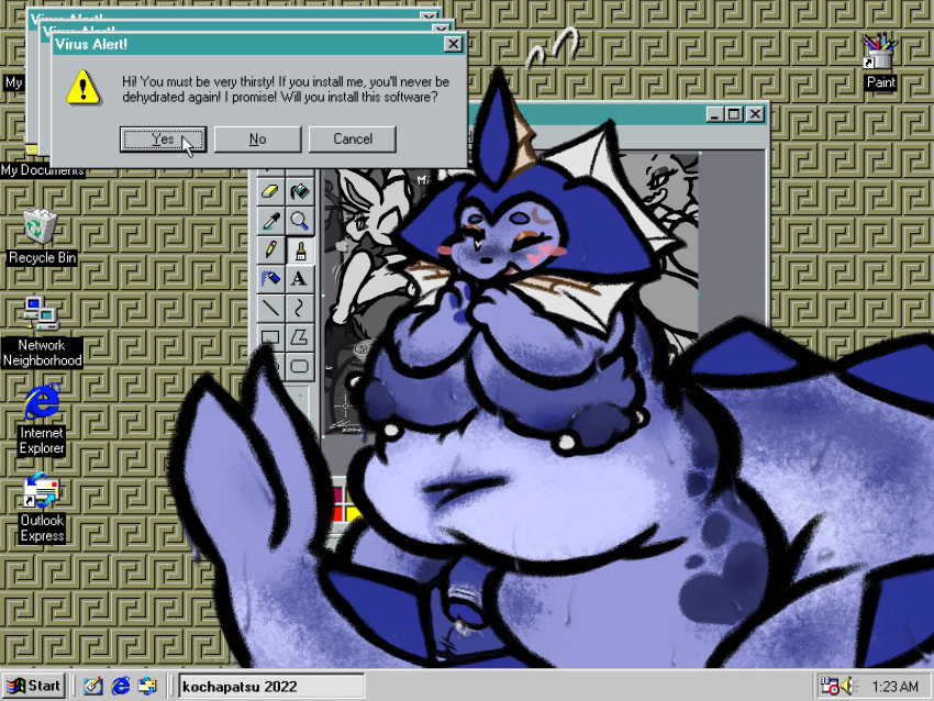 &lt;3 &lt;3_eyes 2022 animal_print anthro balls belly big_balls big_belly big_breasts blue_eyes blush blush_stickers bodily_fluids breasts cinderace colored cow_print cursor dripping eeveelution facial_markings foreskin freckles freckles_on_butt front_view generation_1_pokemon generation_8_pokemon genital_fluids genitals hands_together head_markings heart_(marking) hi_res huge_breasts kochapatsu lagomorph long_tail looking_at_viewer looking_back male mammal markings microsoft microsoft_paint microsoft_windows monochrome moobs mouse_cursor navel nidoqueen nintendo nipple_piercing nipples one_eye_closed overweight overweight_anthro pansol_(kochapatsu) pawpads penis piercing pokemon pokemon_(species) precum precum_drip semi-anthro smile solo sweat sweatdrop tail text vaporeon warning_symbol windows_95