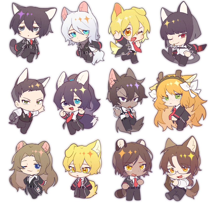 6+boys 6+girls :3 :d animal_ear_fluff animal_ears antlers arm_up bear_ears beard_stubble black_coat black_eyes black_gloves black_hair black_jacket blonde_hair blue_eyes blunt_ends bow brown_eyes brown_hair brown_hairband cat_ears cat_tail chest_harness chibi cigarette closed_mouth coat collared_shirt commentary dark-skinned_female dark-skinned_male dark_skin deer_antlers deer_ears deer_tail dog_ears don_quixote_(project_moon) facial_hair fang faust_(project_moon) fevercat fox_ears fox_tail freckles glasses gloves green_eyes gregor_(project_moon) grey_sweater hair_between_eyes hair_bow hairband harness heathcliff_(project_moon) heterochromia highres holding holding_cigarette hong_lu_(project_moon) id_card ishmael_(project_moon) jacket jitome kemonomimi_mode leg_up limbus_company long_hair long_sleeves looking_at_viewer meursault_(project_moon) multiple_boys multiple_girls necktie nekomata one_eye_closed open_mouth orange_eyes orange_hair outis_(project_moon) ponytail project_moon raccoon_ears raccoon_tail red_eyes red_necktie ribbed_sweater rodion_(project_moon) ryoshu_(project_moon) scar scar_on_face shirt short_hair simple_background sinclair_(project_moon) smile standing standing_on_one_leg stubble sweater tail triangle_mouth turtleneck turtleneck_sweater very_long_hair white_background white_bow white_hair white_shirt wing_collar wolf_ears wolf_tail yellow_eyes yi_sang_(project_moon)