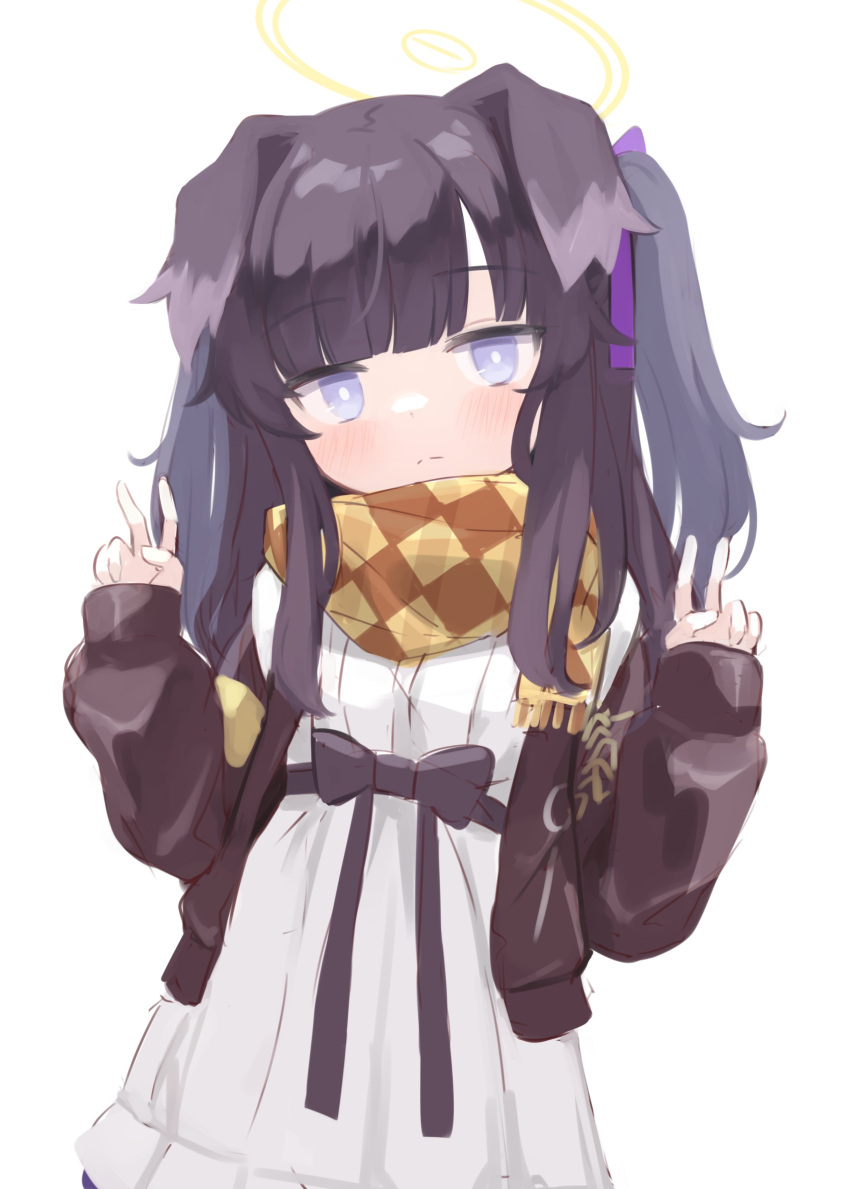 1girl absurdres alternate_costume animal_ears argyle argyle_scarf black_hair black_jacket blue_archive blush closed_mouth dog_ears dog_girl double_v dress hair_ribbon halo hibiki_(blue_archive) highres jacket klaius long_hair long_sleeves looking_at_viewer open_clothes open_jacket purple_eyes purple_ribbon ribbon scarf simple_background sleeves_past_wrists solo two_side_up v white_background white_dress