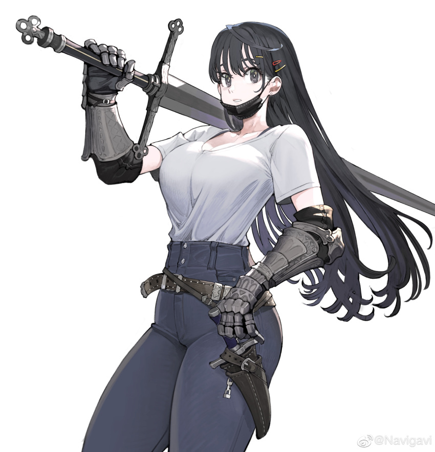 1girl absurdres anachronism belt black_eyes black_gloves black_hair black_mask breasts brown_belt cleavage commentary cowboy_shot dagger ear_piercing elbow_gloves gauntlets gloves greatsword grey_pants hair_ornament hairclip high-waist_pants highres holding holding_sword holding_weapon jun_(seojh1029) knife large_breasts light_smile long_hair looking_at_viewer mask mask_pull mouth_mask original over_shoulder pants parted_lips piercing scabbard sheath shirt shirt_tucked_in short_sleeves simple_background solo standing surgical_mask sword sword_over_shoulder t-shirt tight_clothes tight_pants weapon weapon_over_shoulder weibo_logo weibo_username white_background white_shirt