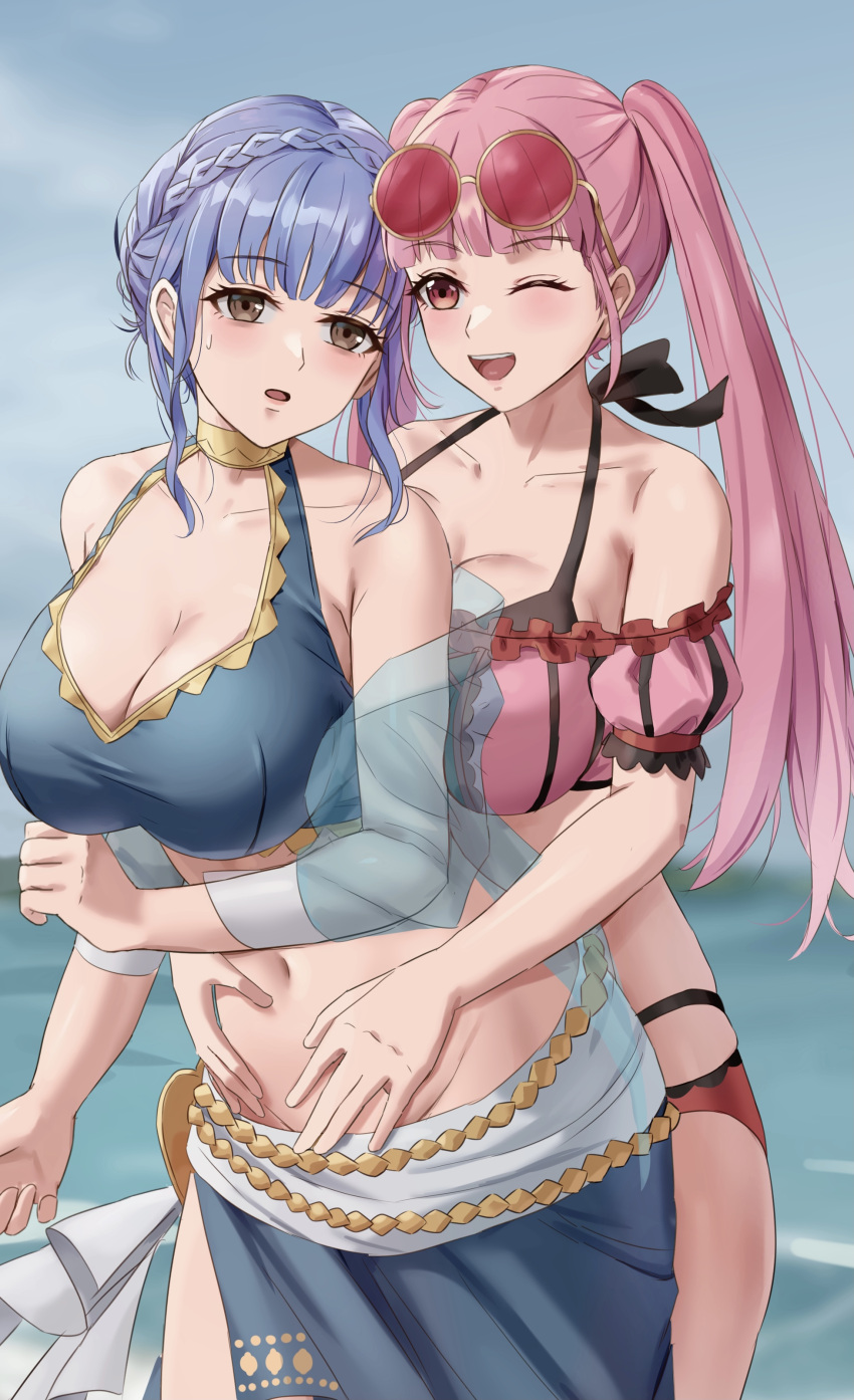 2girls absurdres amayo_thranana bikini blue_bikini blue_hair braid breasts brown_eyes cleavage commentary_request commission crown_braid eyewear_on_head fire_emblem fire_emblem:_three_houses fire_emblem_heroes hands_on_another's_stomach highres hilda_valentine_goneril hilda_valentine_goneril_(summer) hug hug_from_behind large_breasts long_hair marianne_von_edmund marianne_von_edmund_(summer) multiple_girls navel off-shoulder_bikini off_shoulder official_alternate_costume one_eye_closed pink_bikini pink_eyes pink_hair smile sunglasses swimsuit twintails yuri