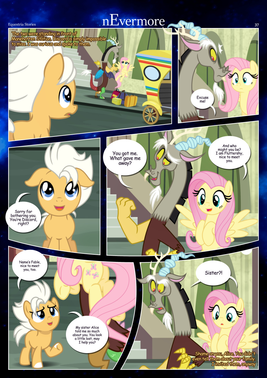 absurd_res anthro border butt chimera city cutie_mark dialogue discord_(mlp) draconequus ears_down ears_up earth_pony equid equine estories fable_(estories) female feral flashback fluttershy_(mlp) flying friendship_is_magic frown glancing_back group hasbro hi_res hooves horse luggage male mammal manhattan my_little_pony one_eye_half-closed open_mouth outside pegasus pivoted_ears pony raised_hoof smile spread_wings steps street trio white_border wings