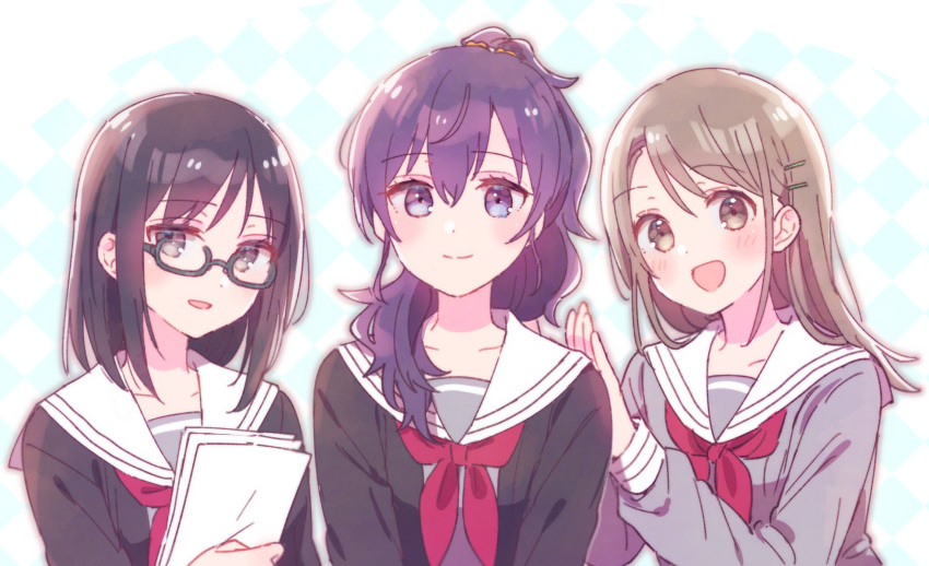 3girls alternate_hairstyle asahina_mafuyu black-framed_eyewear black_cardigan black_hair blush brown_eyes brown_hair cardigan closed_mouth commentary glasses grey_eyes grey_shirt hair_between_eyes hair_down hair_ornament hair_over_shoulder hairclip highres holding holding_paper long_hair looking_at_viewer miyamasuzaka_girls'_academy_school_uniform multiple_girls neckerchief open_cardigan open_clothes paper papers parted_bangs parted_lips ponytail project_sekai purple_eyes purple_hair red_neckerchief sailor_collar school_uniform semi-rimless_eyewear serafuku shirt sorimachi-doufu under-rim_eyewear upper_body white_background white_sailor_collar