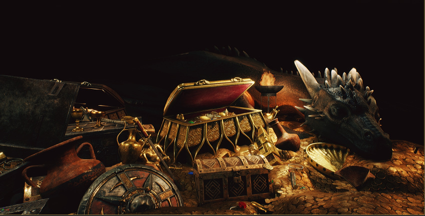 2020 3d_(artwork) ambiguous_gender black_body black_scales coin digital_media_(artwork) dragon feral fire gold_(metal) gold_coin hi_res horn kery_(artist) lying on_front scales shield snout solo treasure treasure_chest urn white_horn