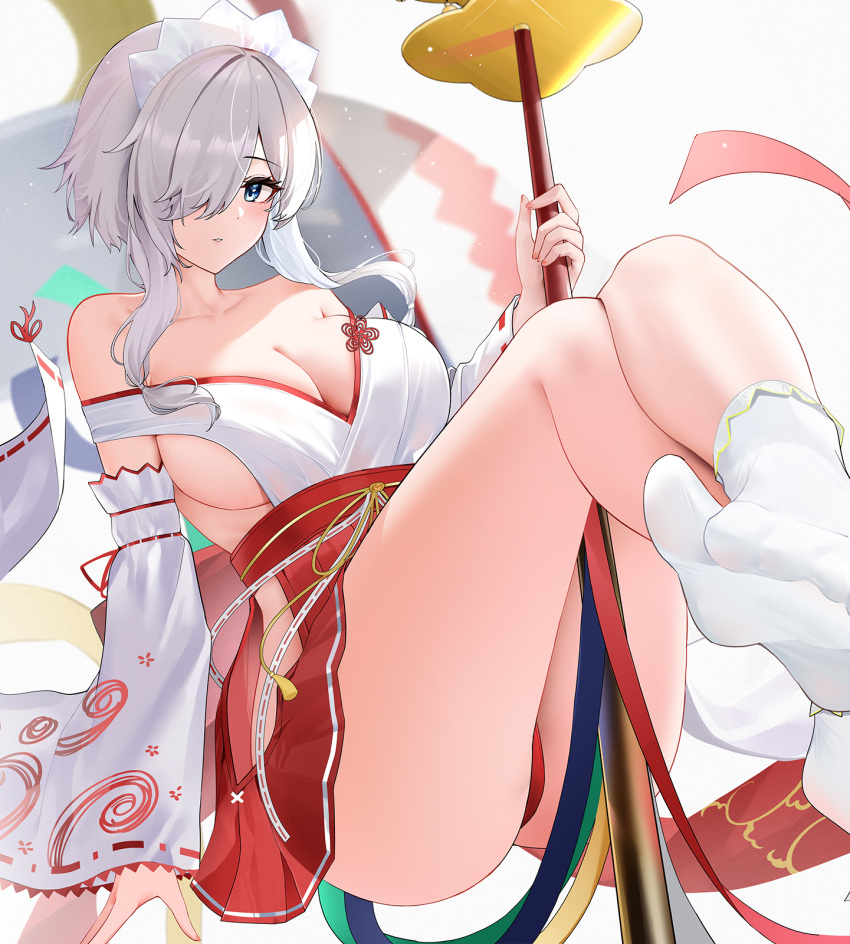 1girl azur_lane bare_shoulders blue_eyes blush breasts collarbone dead_or_alive dead_or_alive_xtreme detached_sleeves hair_ornament hairband highres japanese_clothes large_breasts looking_at_viewer luna_(doa) nontraditional_miko qing_wu short_hair skirt socks solo white_hair wide_sleeves