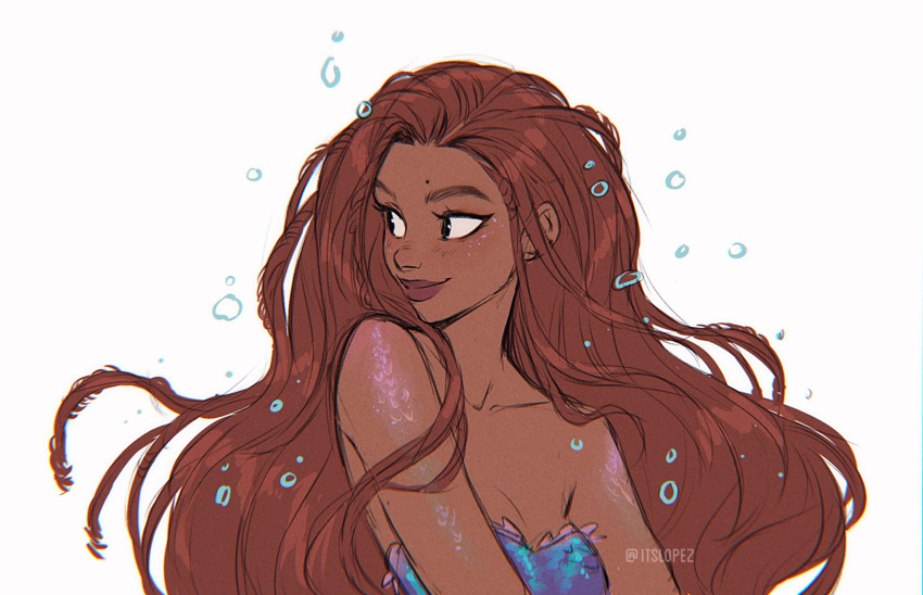 1girl air_bubble ariel_(disney) artist_name black_eyes bubble cropped disney english_commentary highres itslopezz long_hair mermaid monster_girl red_lips simple_background smile solo submerged teeth the_little_mermaid underwater upper_body white_background