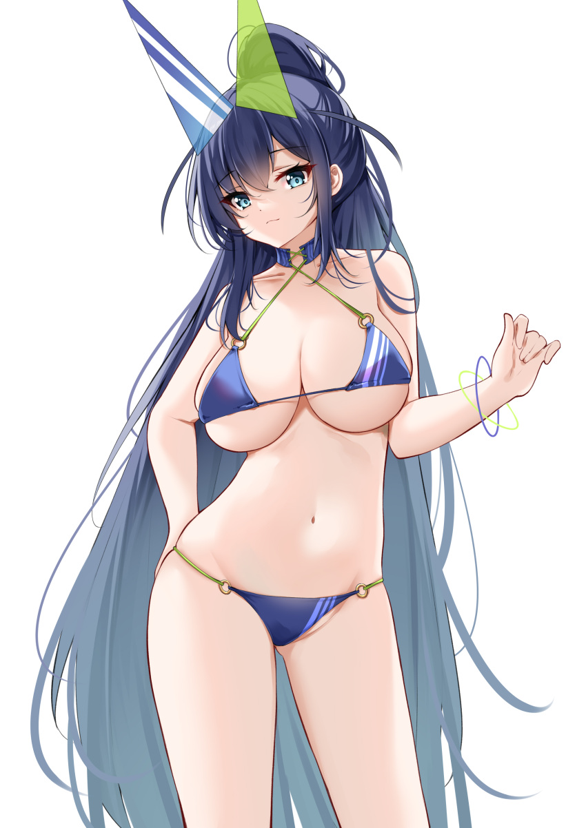 1girl absurdres azur_lane bikini blue_bikini blue_collar blue_eyes blue_hair bracelet breasts catnnn closed_mouth collar cowboy_shot eyewear_on_head hand_up high_ponytail highres jewelry large_breasts long_hair looking_at_viewer navel new_jersey_(azur_lane) new_jersey_(midsummer_leisure)_(azur_lane) simple_background skindentation solo stomach swimsuit thighs very_long_hair white_background