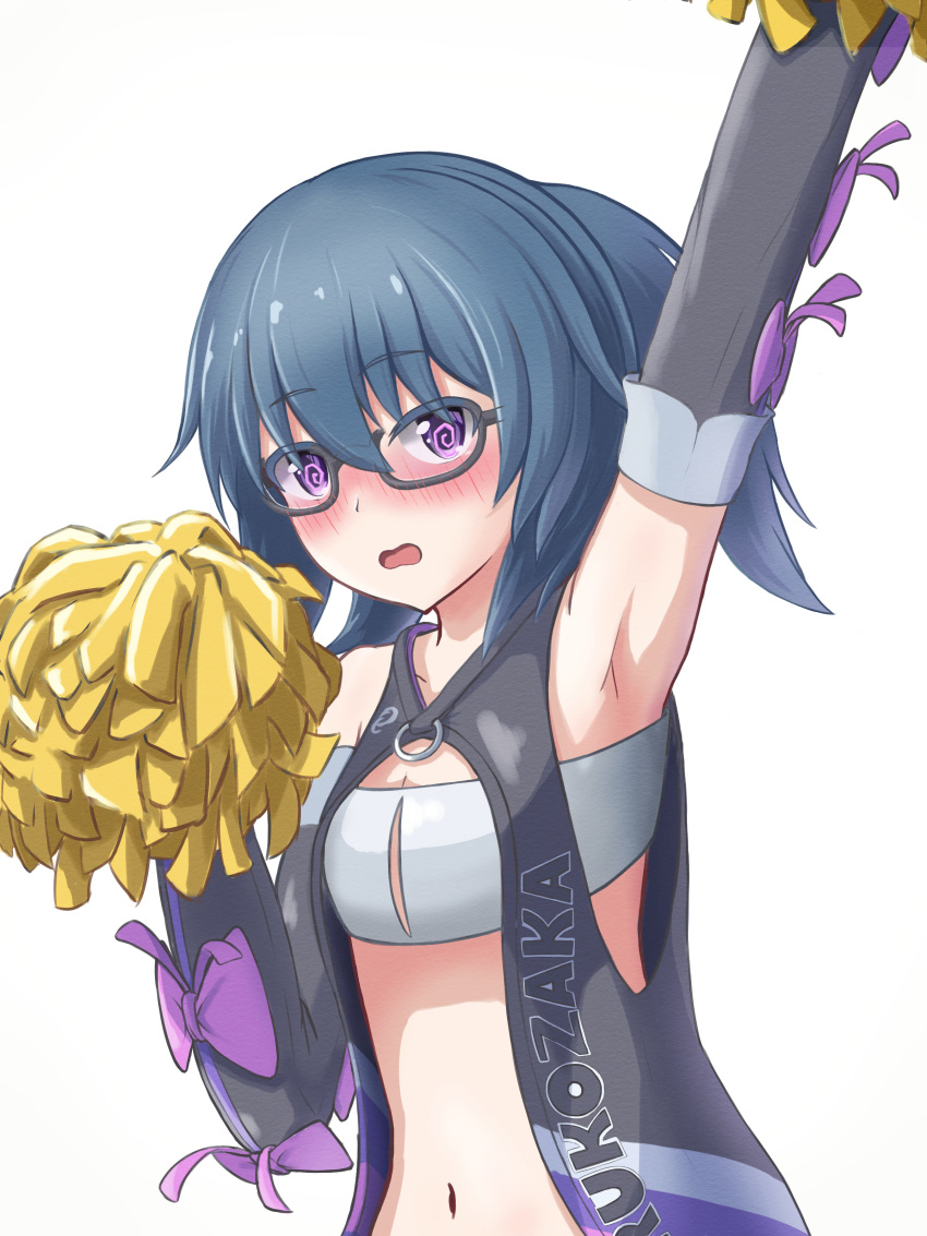 absurdres alice_gear_aegis armpits artist_request bandeau blue_hair blush breasts cheerleader detached_sleeves glasses highres itokura_neo navel open_clothes open_mouth pom_pom_(cheerleading) purple_eyes purple_ribbon ribbon simple_background small_breasts white_background white_bandeau