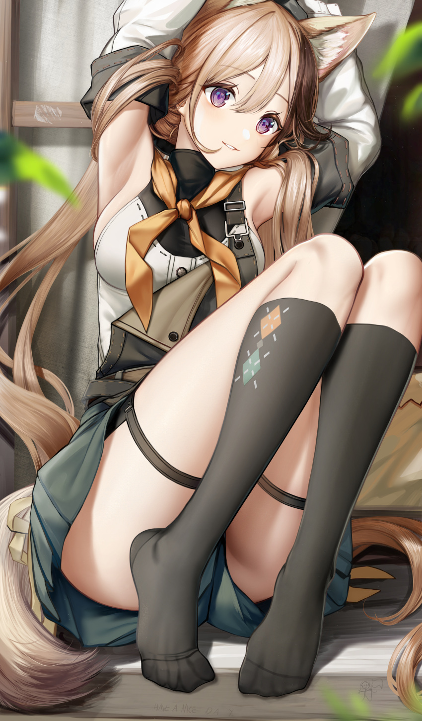 1girl absurdres animal_ear_fluff animal_ears argyle argyle_legwear arknights armpits arms_up black_socks brown_hair cardigan_(arknights) cardigan_(sunny_day)_(arknights) detached_sleeves feet grey_shorts hair_between_eyes highres kneehighs knees_up legs long_hair long_sleeves looking_at_viewer multicolored_hair no_shoes nopetroto parted_lips purple_eyes revision shirt short_shorts shorts sleeveless sleeveless_shirt smile socks solo streaked_hair tail thigh_strap toes very_long_hair white_shirt white_sleeves