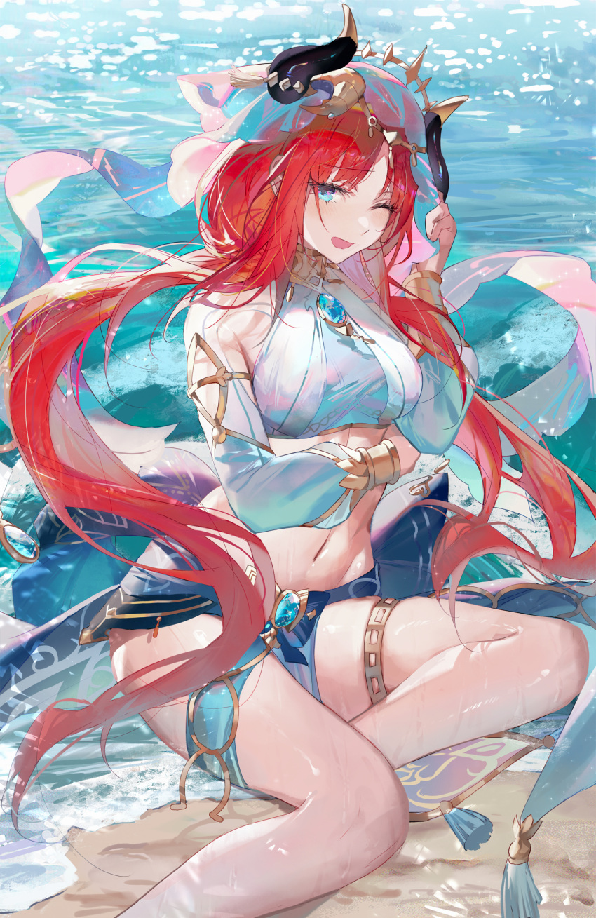 1girl beach blush breasts brooch circlet crop_top detached_sleeves fake_horns genshin_impact harem_outfit highres horns jewelry long_hair long_sleeves looking_at_viewer medium_breasts navel nilou_(genshin_impact) ocean one_eye_closed open_mouth puffy_long_sleeves puffy_sleeves qiandaiyiyu red_hair skirt solo stomach thighlet thighs twintails veil wet