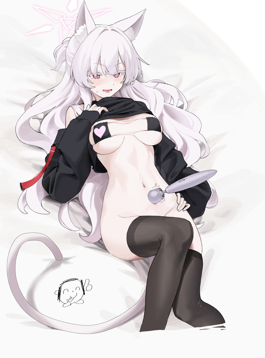 1girl absurdres akira_(blue_archive) animal_ear_fluff animal_ears arona's_sensei_doodle_(blue_archive) bed_sheet black_shirt black_thighhighs blue_archive blush breasts cat_ears cat_tail cropped_legs feet_out_of_frame groin halo highres large_breasts long_hair long_sleeves mark_jin navel open_mouth pink_halo red_eyes sensei_(blue_archive) shirt solo tail thighhighs wavy_hair white_hair