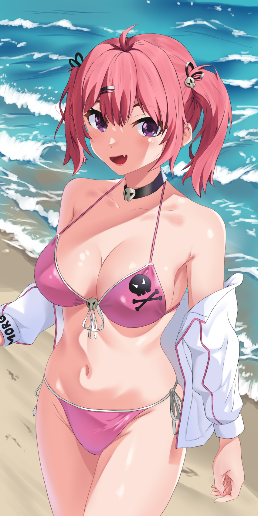 1girl :d absurdres ahoge bare_shoulders beach bikini black_choker breasts choker cleavage collarbone cowboy_shot english_commentary fang front-tie_bikini_top front-tie_top goddess_of_victory:_nikke hair_ornament hair_ribbon hairclip highres jacket large_breasts long_hair long_sleeves looking_at_viewer mast_(a_pirate's_heart)_(nikke) mast_(nikke) navel ocean off_shoulder open_mouth pink_bikini pink_hair purple_eyes ribbon side-tie_bikini_bottom sidelocks skin_fang skull_choker skull_hair_ornament skull_ornament smile solo standing stomach swimsuit twintails vraxtal white_jacket