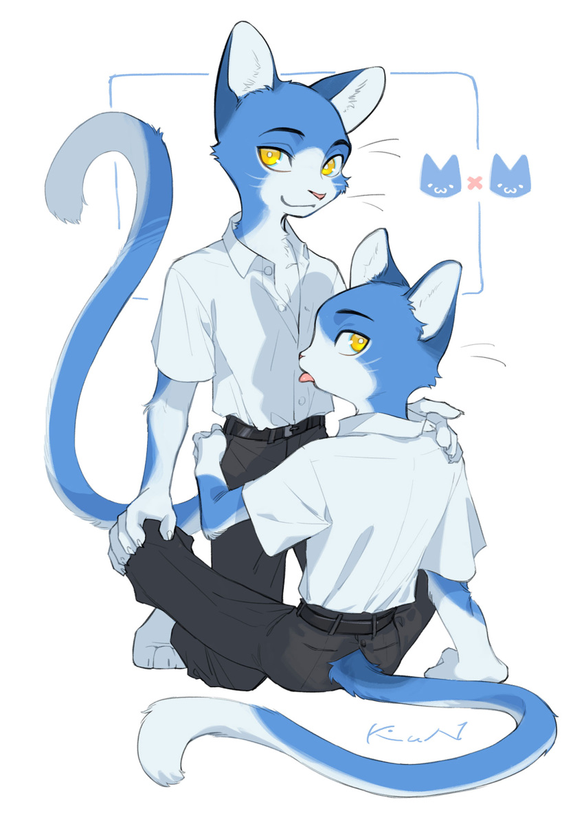 anthro belt blep blue_body blue_fur bottomwear businesswear claws clothed clothing domestic_cat dress_shirt duo felid feline felis fur furgonomics hand_on_hip hand_on_knee hand_on_leg hand_on_shoulder hi_res inner_ear_fluff kneeling kun_(artist) leaned_back looking_at_viewer looking_back male male/male mammal open_clothing open_shirt open_topwear pants paws raised_tail shirt simple_background sitting smile tail tongue tongue_out topwear tuft whiskers white_body white_fur yellow_eyes