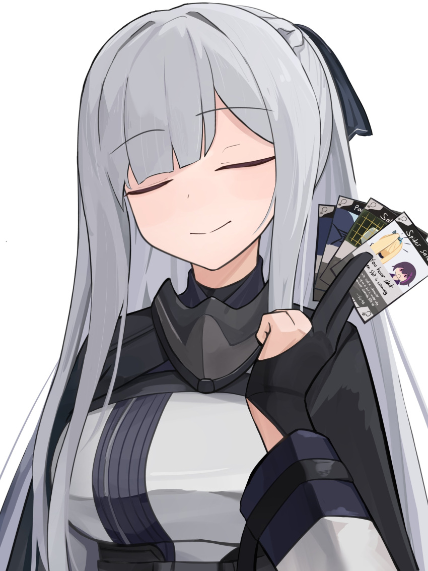 1girl absurdres ak-12_(girls'_frontline) braid card closed_eyes closed_mouth french_braid gamryous girls'_frontline gloves grey_hair highres holding holding_card jacket long_hair long_sleeves mask ponytail ribbon sidelocks simple_background smile solo titanfall_(series)
