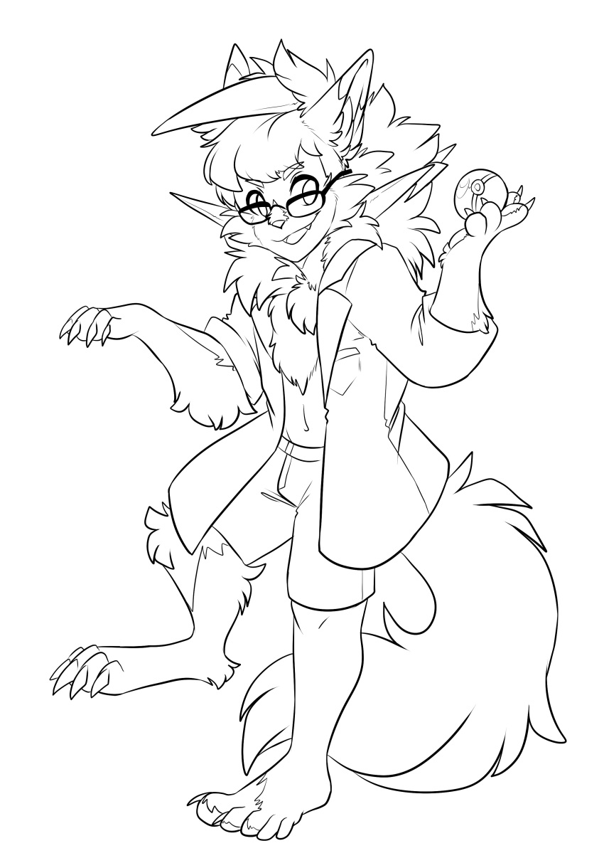 2023 absurd_res bottomwear claws clothing coat dusk_lycanroc ear_growth eyewear feral feral_transformation fur fur_growth generation_7_pokemon glasses growth hi_res human_to_feral lab_coat line_art lycanroc mid_transformation monochrome moon_ball nintendo paws pokeball pokemon pokemon_(species) seda shorts species_transformation starwolfskin tail toe_claws topwear transformation zgf_art zgf_gaming