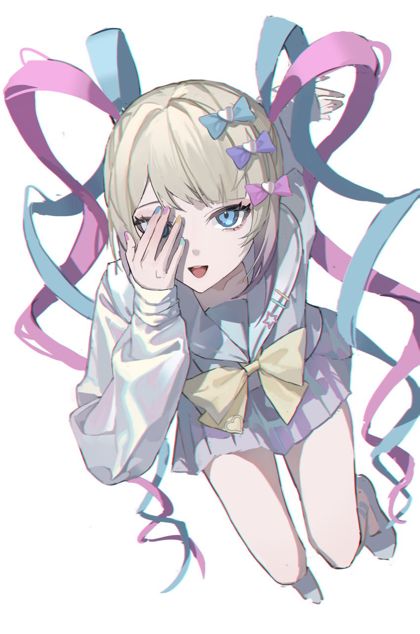 1girl absurdres arm_support bare_legs blonde_hair blue_bow blue_eyes blue_hair blue_shirt blue_skirt bow bowtie chouzetsusaikawa_tenshi-chan covering_one_eye full_body hair_bow highres holographic_clothing iridescent looking_at_viewer looking_up multicolored_hair multiple_hair_bows needy_girl_overdose open_mouth pink_bow pink_hair pleated_skirt purple_bow quad_tails school_uniform serafuku shirt shoes simple_background skirt sleepless_(wrysmile) smile solo twintails white_background white_footwear yellow_bow yellow_bowtie