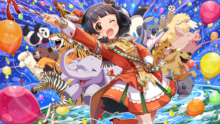 1girl animal balloon black_hair brown_eyes dress earth_(planet) idolmaster idolmaster_million_live! idolmaster_million_live!_theater_days nakatani_iku official_art one_eye_closed open_mouth orange_dress planet short_hair side_ponytail